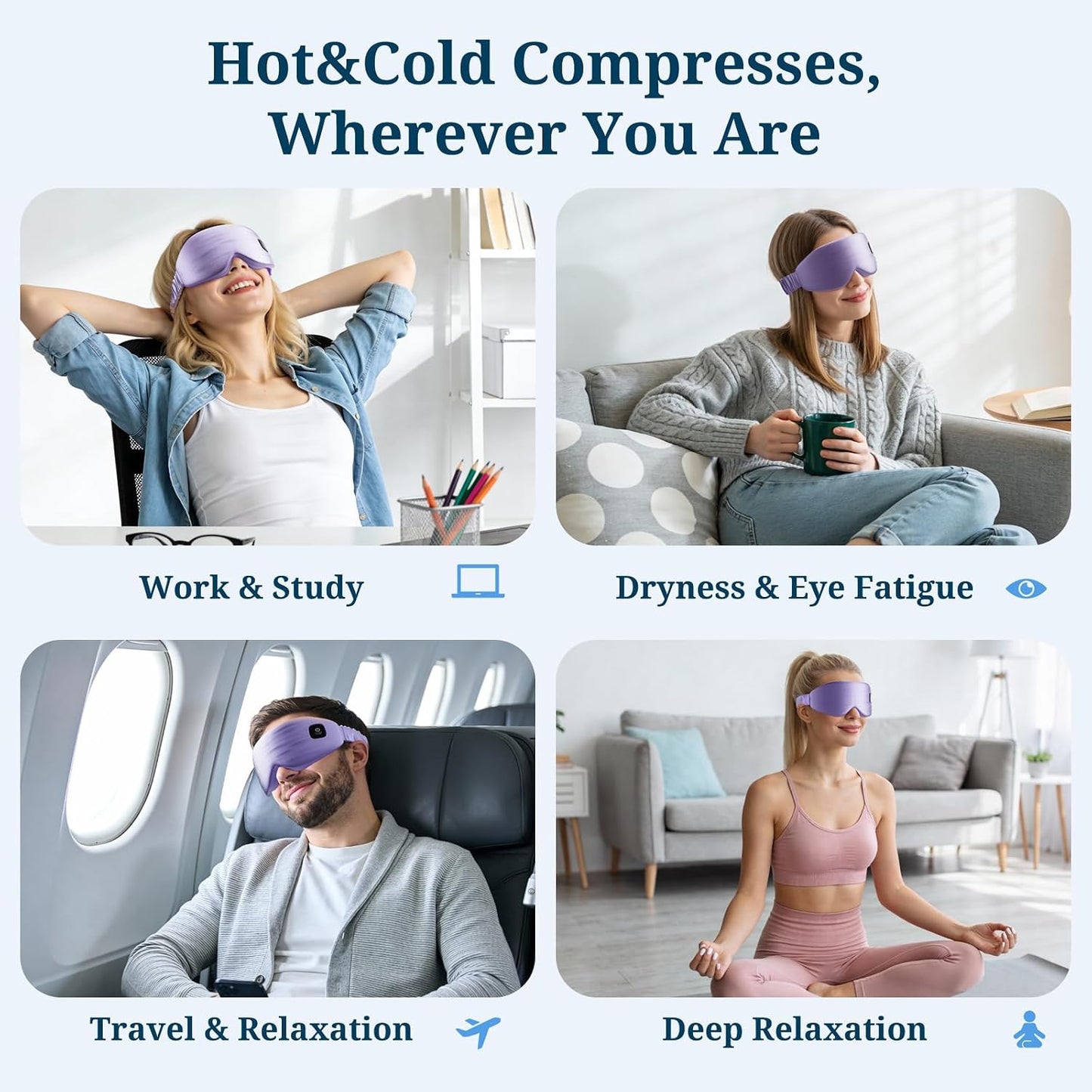 100% Silk Wireless Heated Eye Mask with Cooling, Relieves Dry Eye Syndrome and Puffy, Reduces Dark Circles, Adjustable Velcro Design and Washable Cover, Suitable for Travel & Gifts-Pink.