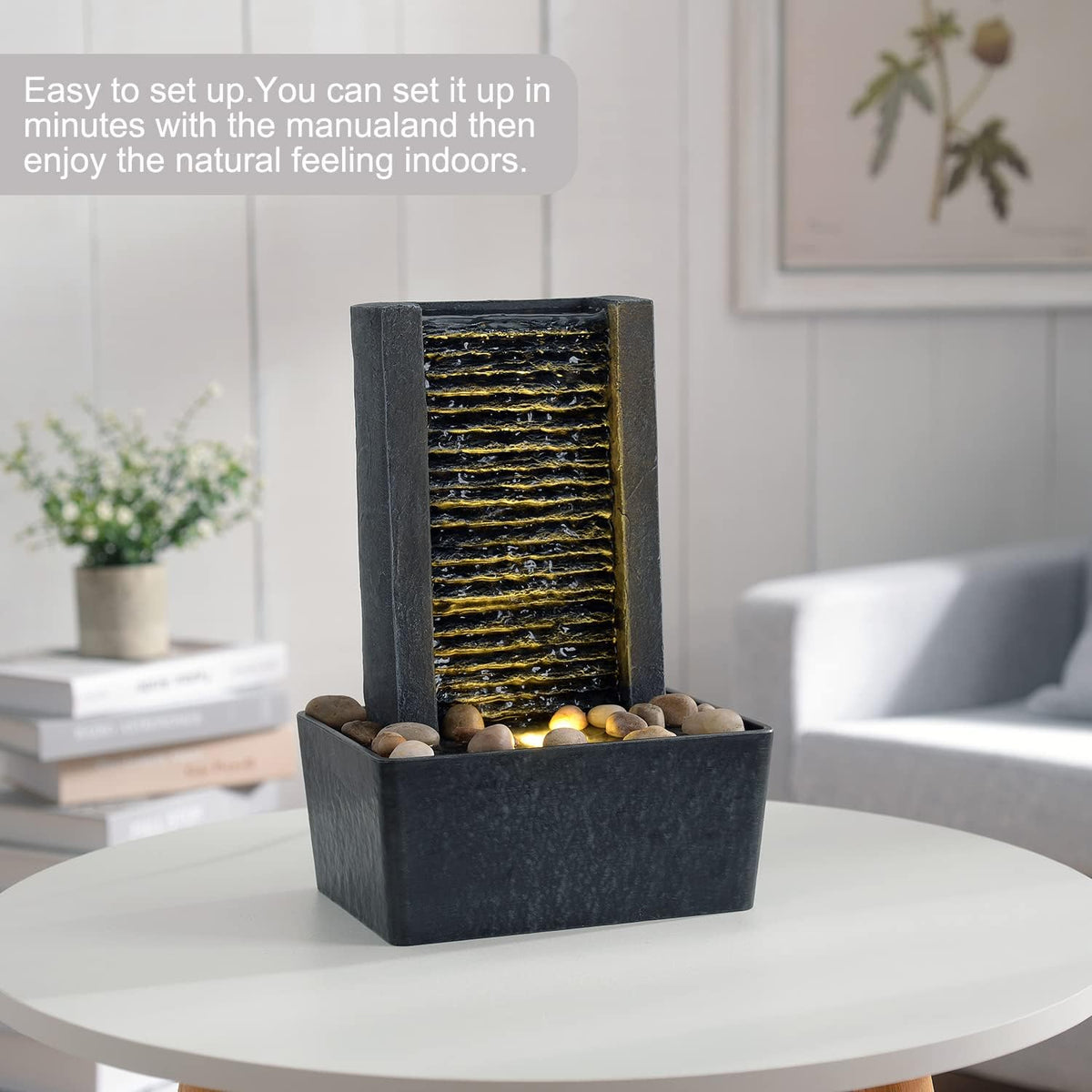 Haobos Modern Tabletop Water Fountain, Minimalist Indoor Waterfall with Warm LED Light & River Rocks, Soothing Zen Desk Fountain for Office, Bedroom, Spa, Relaxation Desk Decor Gift