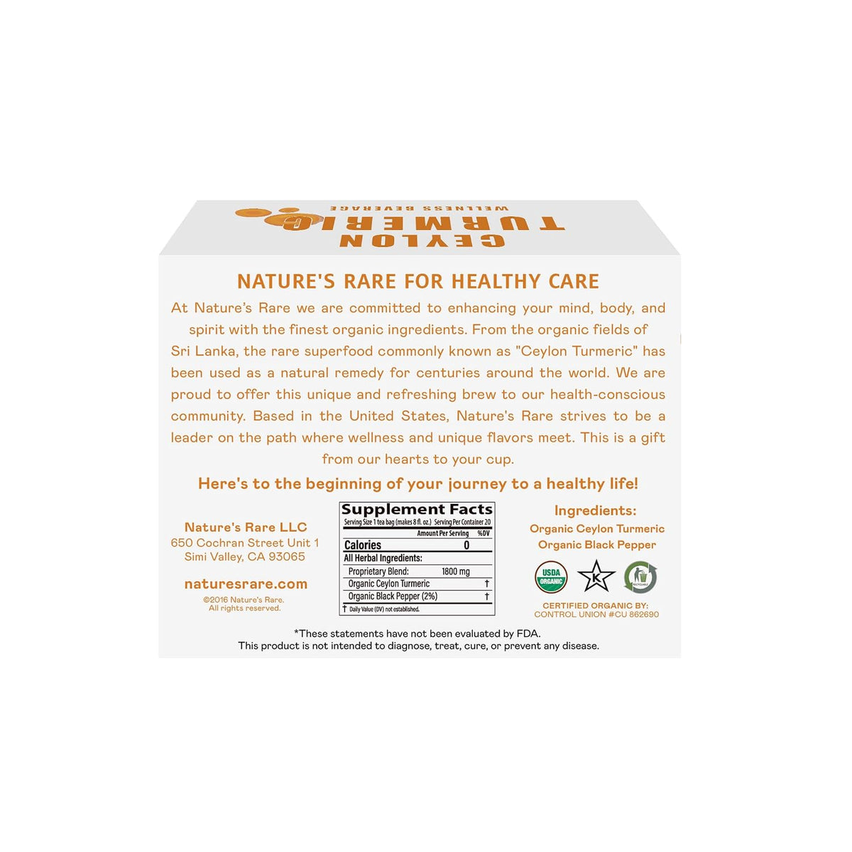 Pure Ceylon Turmeric Brew - 100% Organic Ceylon Turmeric + Black Pepper Tea Bags (40 Sachets - pack of 2 – 20 COUNT PER BOX)