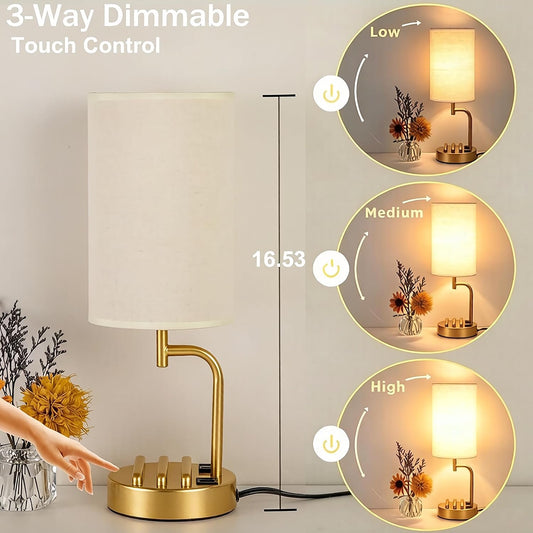 Dreamholder Touch Control USB Table Lamp with USB C/A & AC Outlet, 3-Way Dimmable Bedside Lamp, Modern Nightstand Lamps for Bedroom Living Room Guest Room Office, Bulb Included, Gold