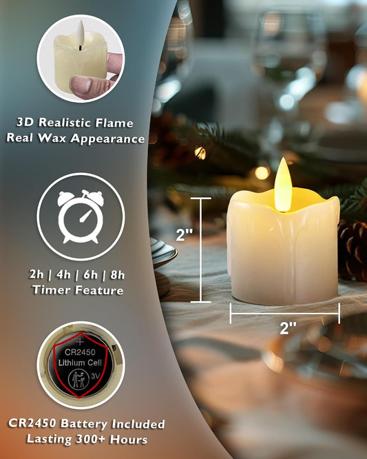 Homemory Flameless Votive Candles with Timer, 2" x 2" Real Wax, 400+Hour Realistic Black Wick Battery Operated Candles, Set of 6 for Wedding, Party and Holiday Decoration (Battery Included)
