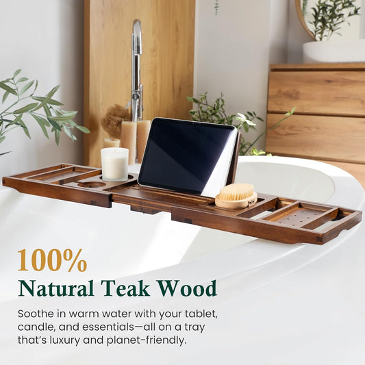 Bamboo Bathtub Tray, Bath Caddy with Wine Glass Holder, Phone Dock & Book Stand | Hands-Free Reading & Ultimate Spa Relaxation Experience-Brown