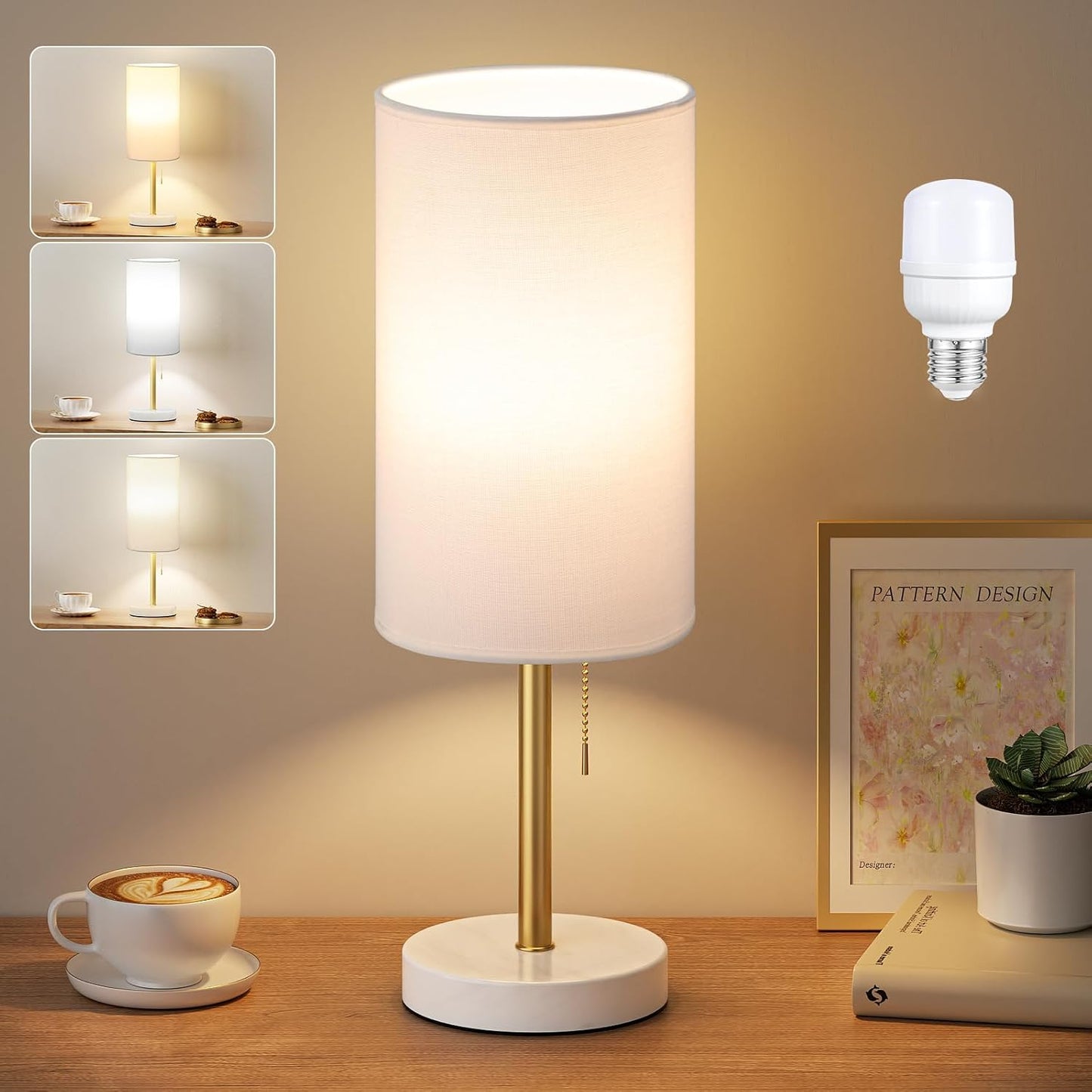 Small Bedside Table lamp for Bedroom - 3 Color Temperatures Bedside Lamps with USB C and A Ports, Pull Chain Table Lamps with AC Outlet, White Nightstand Lamps with Black Metal Base for Kids Reading