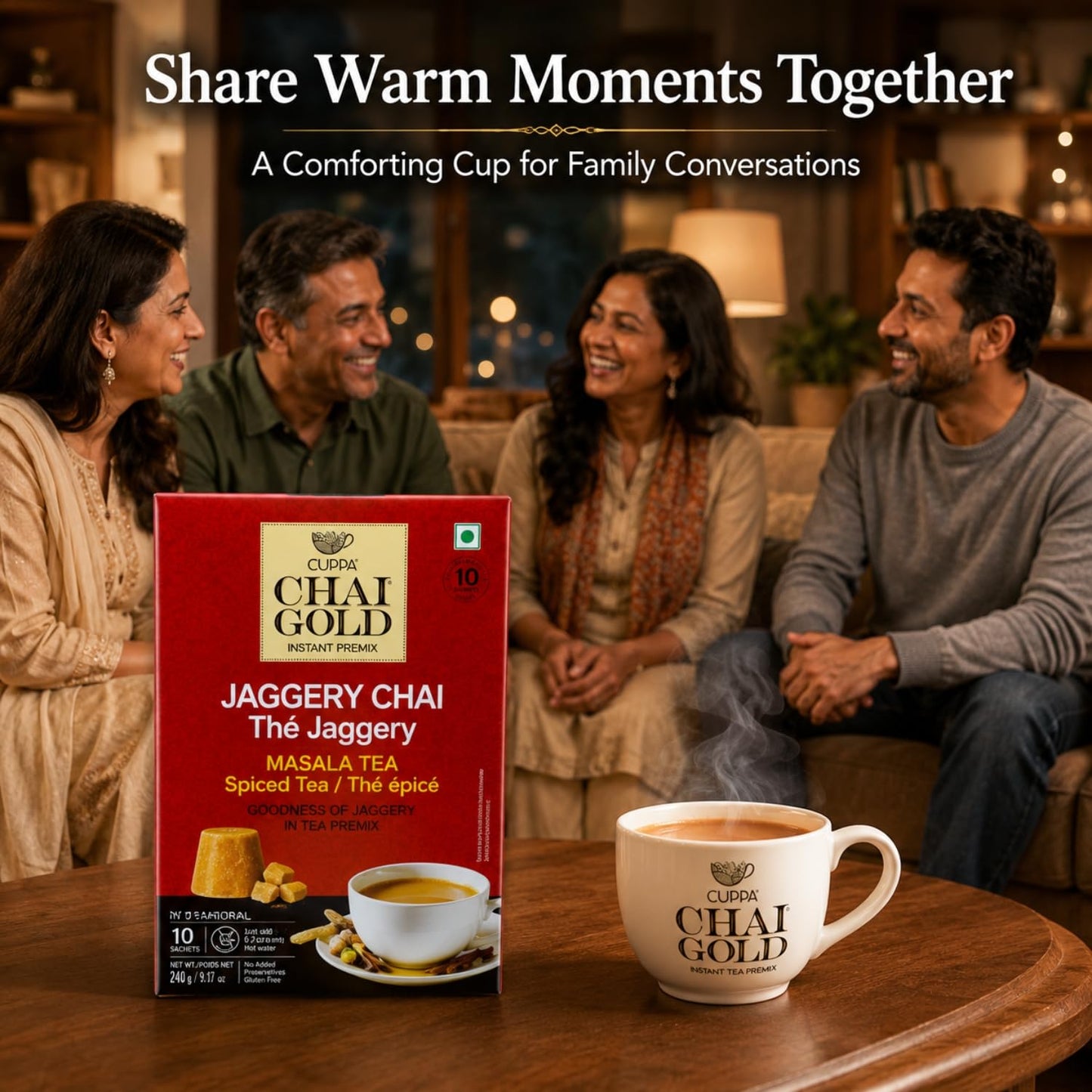Chai Gold Instant Jaggery Chai Tea Premix Powder, Traditional Indian Milk Tea Latte Mix, Naturally Sweetened with Jaggery, Quick Preparation Hot Beverage, Low Caffeine, 10 count pack