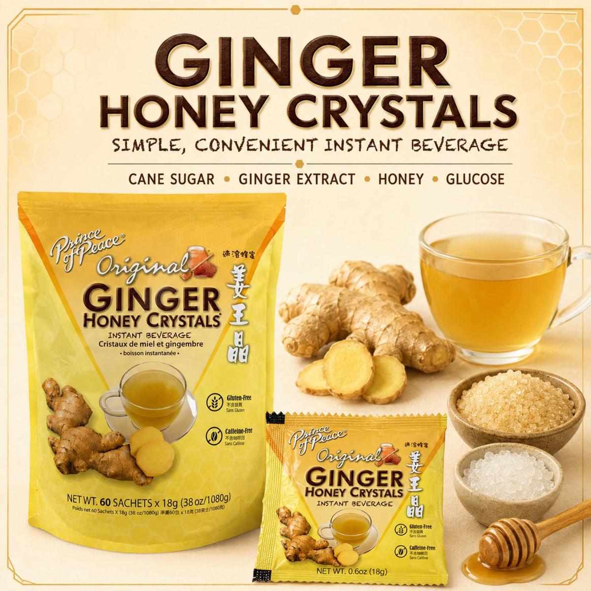Instant Ginger Honey Crystals Family Value Pack 60 Sachets 18g per Sachets (Total 38oz/ 1080g) By Prince of Peace