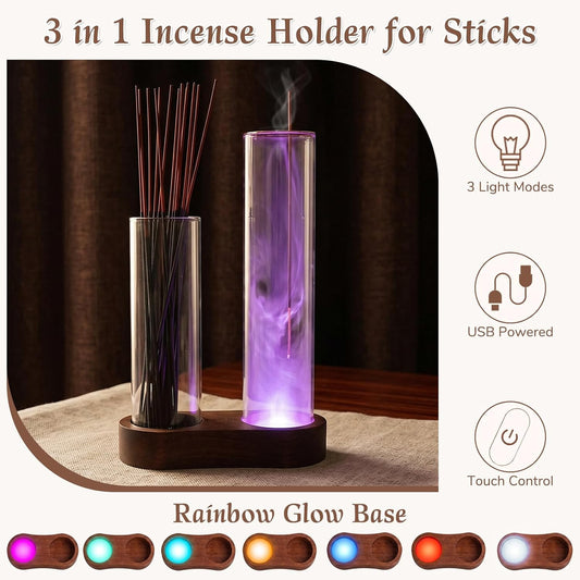 Zuria Incense Holder Lamp with 7-Color LED Light, 3 Modes (Gradient/Jump/Steady) Incense Holder for Sticks, Metal Clip & 2 Glass Cups LED Incense Burner for Yoga Meditation Home Decor