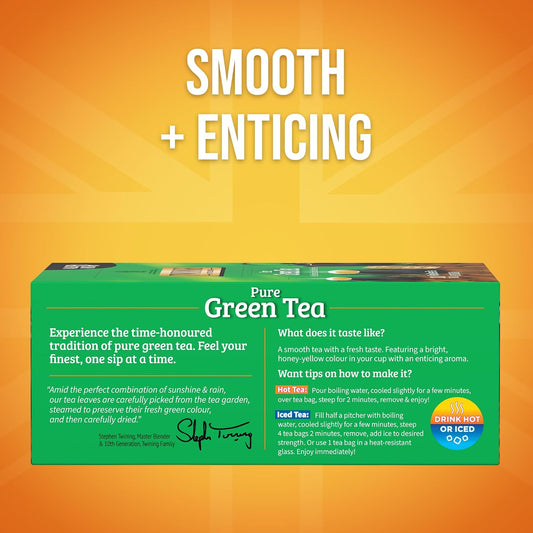 Twinings Pure Green Tea Individually Wrapped Bags, 100 Count (Pack of 1), Smooth & Refreshing, Caffeinated, Enjoy Hot or Iced, 100 Teabags