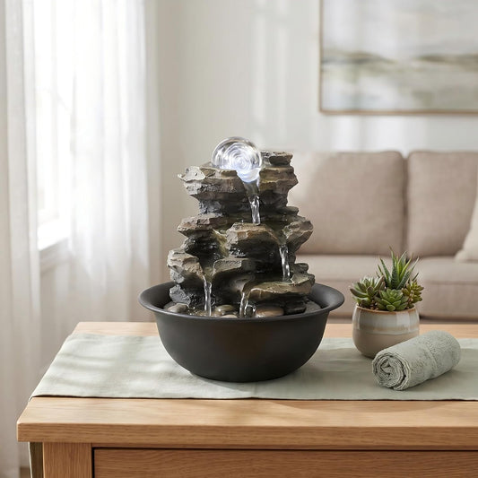 8.3” H Indoor Zen Tabletop Water Fountain, Rock Cascading Waterfall with Spinning Crystal Ball & LED Light for Home Office Decor