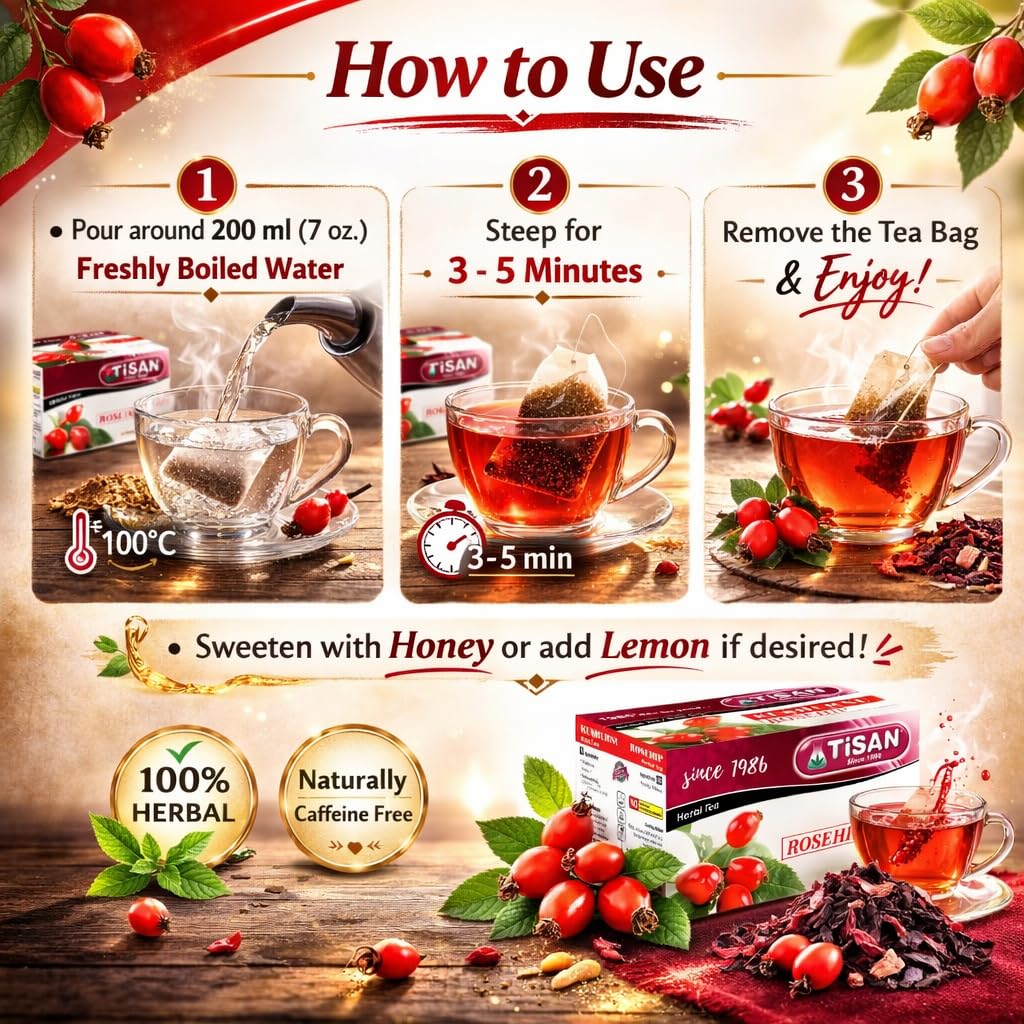 Tisan Rosehip Tea – 40 Individually Wrapped Tea Bags | Natural Sweet and Tangy Fruity Flavor | Pure Rose Hip Herbal Blend | Caffeine Free Refreshing Vitality Infusion | Vibrant Ruby Red Brew for Daily Wellness