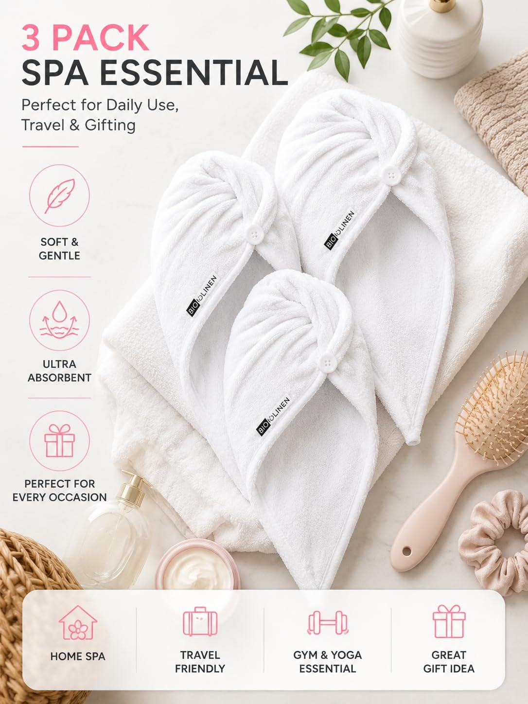 BIOLINEN Cotton Hair Towel Wrap for Women 3 Pack, Super Absorbent Quick Dry Hair Turban, Anti Frizz Drying Towel for Curly Long Hair, White 10x25