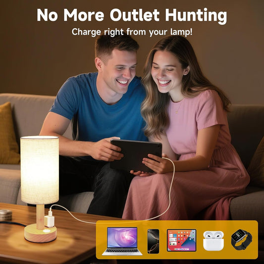 Minimalist Dimmable Nightstand Lamp with Round Fabric Linen Shade, 3 Color Temperatures, Desk & Bedside Lamp for Study, Living Room, Bedroom, Office, Dorm