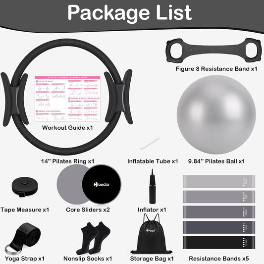 Hoedia Pilates Kit for Women, Pilates Equipment Ring and Ball Set with Resistance Bands, Yoga Strap, Core Sliders, Socks, Bag & Guide for Starter Home Workout Fitness Gym Essentials