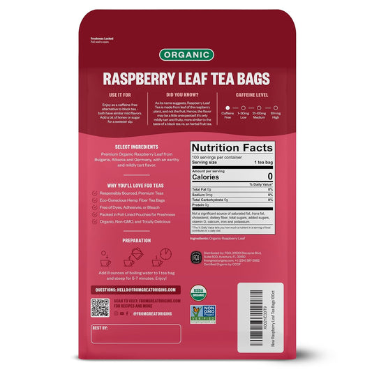 FGO Organic Red Raspberry Leaf Tea Bags, 100 Eco-Conscious Tea Bags, Caffeine Free, Imported from Germany, Reseable Bag, Packaging May Vary (Pack of 1)