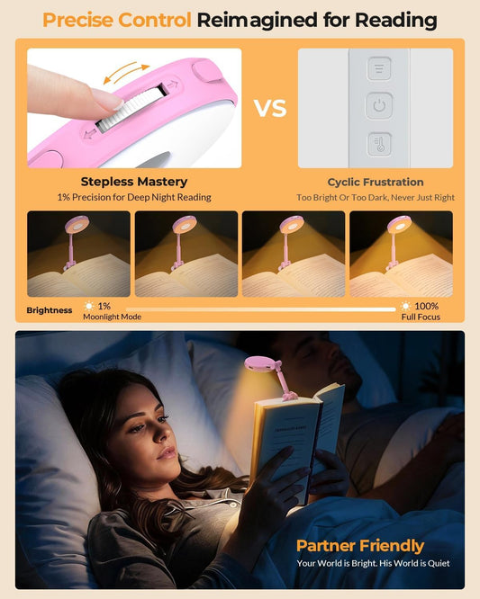 18 LED Rechargeable Clip On Book Light | 3 Color Temperatures, Stepless Dimming, Timer & Memory Function, Wide Beam Lighting, Bed Reading and Travel Use