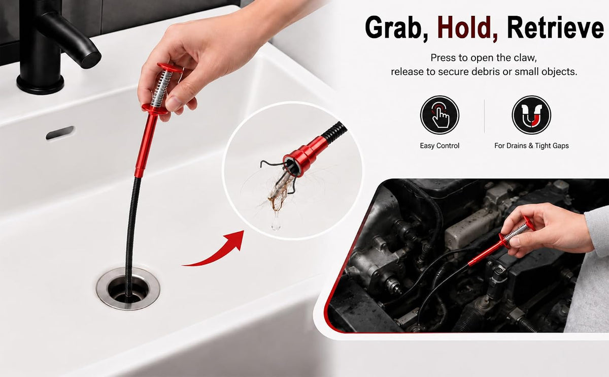 Flexible Magnetic Pickup Tool, 24 Inch Grabber Reacher Tool with 4-Claw Gripper and Spring Loaded Handle, Drain Clog Remover for Sink, Sewer, Bathroom, Kitchen, Engine Bay