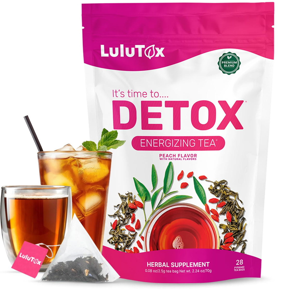 LULUTOX Detox Tea - Herbal Blend with Dandelion and Ginseng - Supports A Healthy Weight, Digestive Health - Vegan, All Natural, Laxative-Free - Peach Flavor (28 Servings)