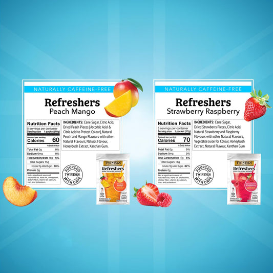 Twinings Refreshers Variety 2-Pack, Strawberry Raspberry & Peach Mango, Herbal Tea Instant Beverage with Real Fruit Bits, 5 Count Ea (10 Packets), Café Style, No Artificial Sweeteners, Naturally Caffeine-Free, 2.82 Oz Ea