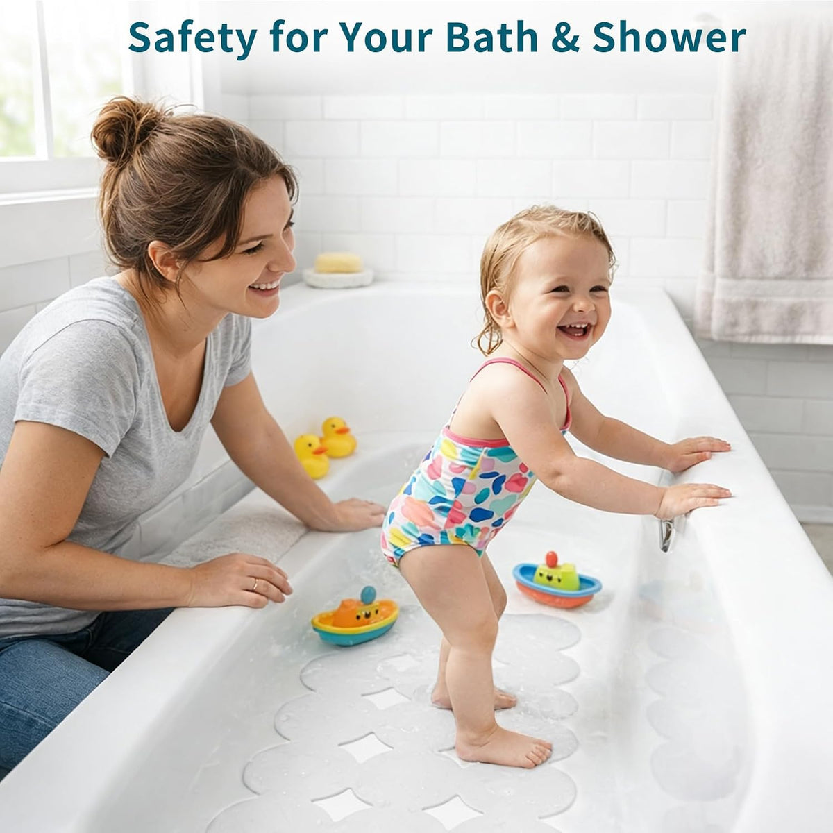 Webos Bathtub Mat Non Slip: Extra Long Rubber Bath Mat for Tub with Strong Suction Cups 15.4" x 37.8" Anti Slip Shower Mat, Big Drain Holes Bathroom Mats for Tub & Shower, Circle-Grey