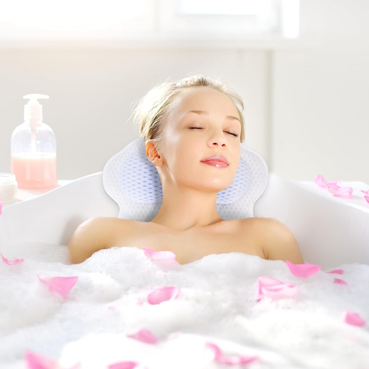 Bathtub Bath Pillows for Tub - Bathtub Pillow for Neck & Back Support with Ergonomic TPE, 4D Mesh Upgraded Bath Tub Pillow Headrest with 3 Strong Suction Cups & Hook, Bathroom Accessories, Spa Gifts