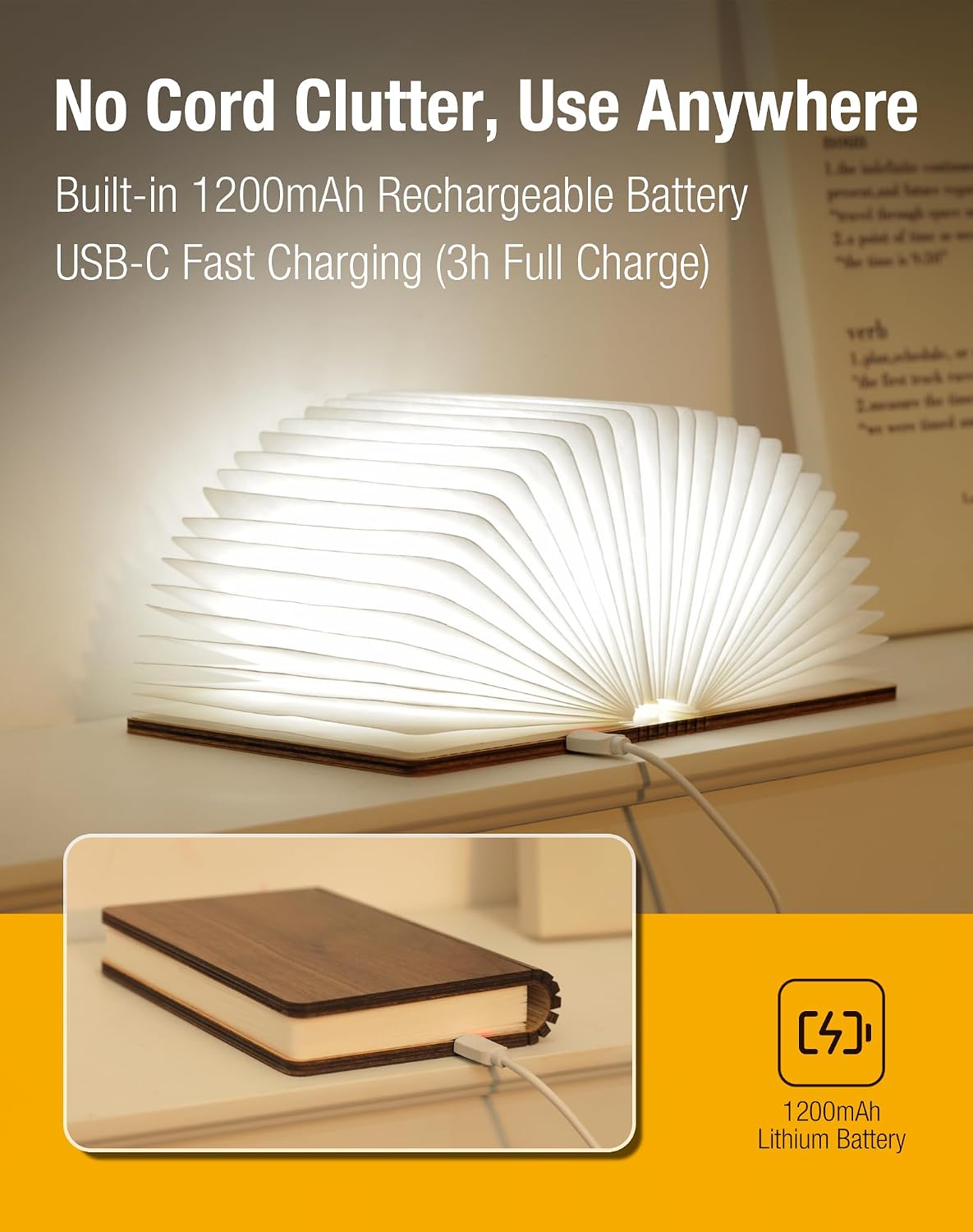 4.7 Inch Wooden Book Lamp, Book Lovers Gifts,Teacher Appreciation Gifts for Women, Folding Book Light, LED Ambient Lighting, Magnetic Mood Lighting for Home&Library Decor (Walnut)