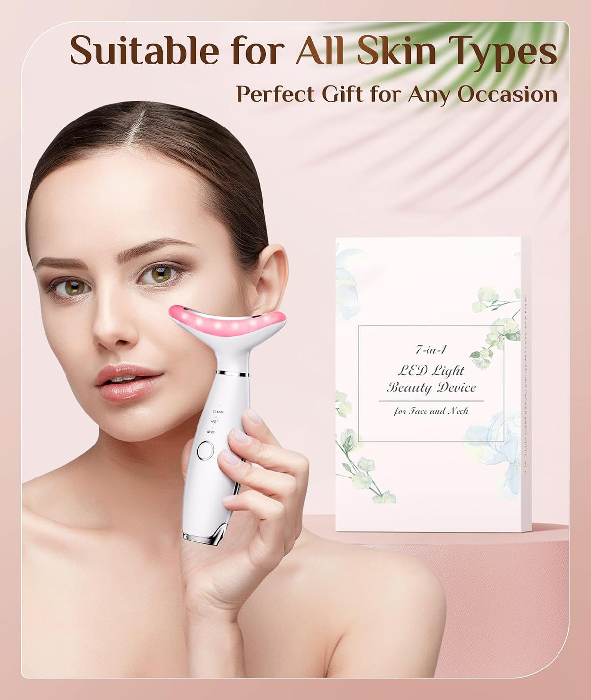 Dopsikn 7 Color Galvanic Machines - Red Light Therapy for Face and Neck, Face Massager Tool for Wrinkles, Double Chin, Vibrating Facial Massager with Thermals, Pink