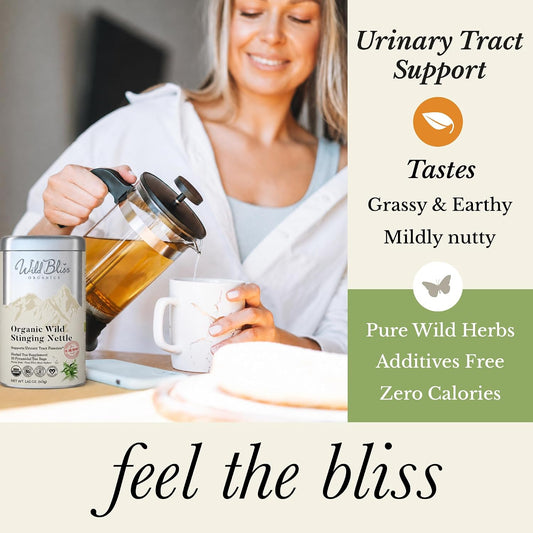 Wild Bliss Organic Wild Stinging Nettle Leaf Tea - Caffeine Free Urinary Tract Herbal Support - Pharmacopoeia Potency - 20 Plant Based Tea Bags