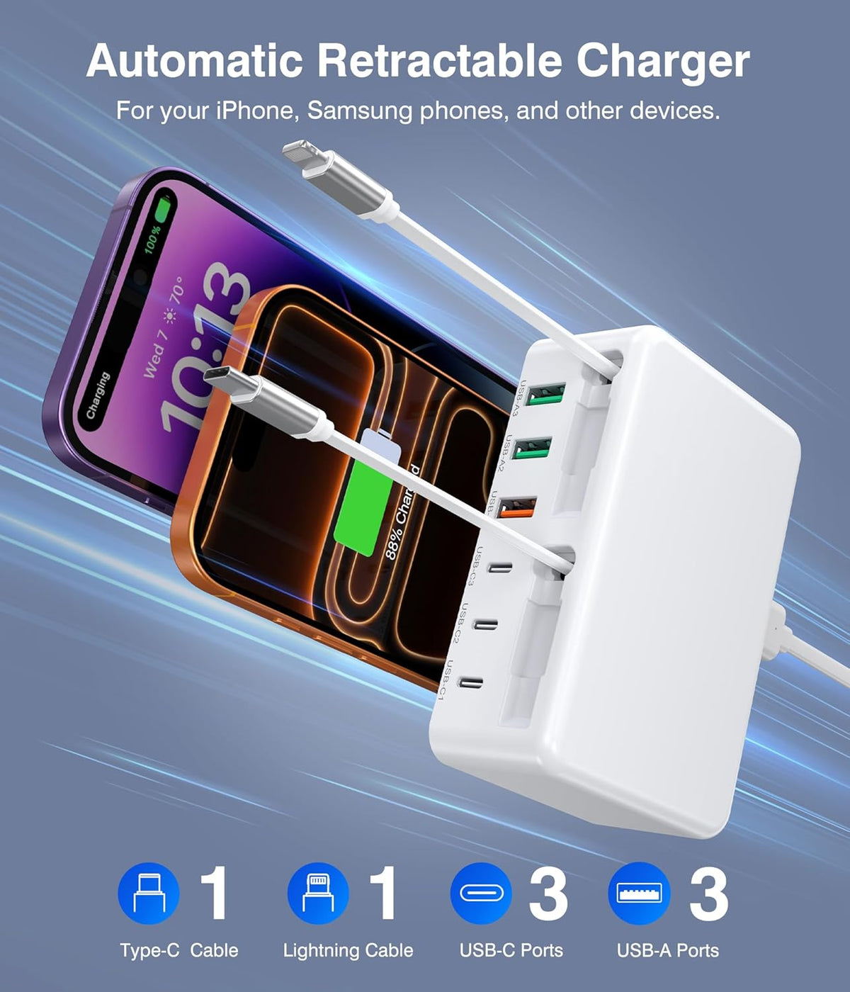8-in-1 Retractable USB C Charger Charging Station Hub for Multiple Devices
