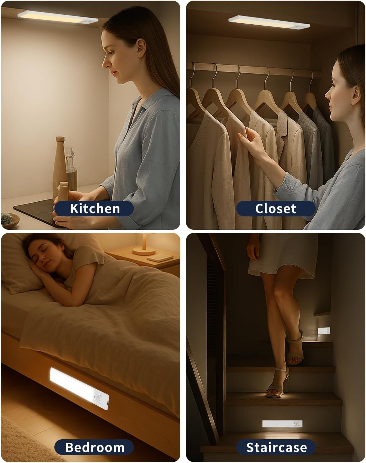Under Cabinet Lighting, 12 Inch Motion Sensor Light Indoor, 1800mAh USB Rechargeable Closet Light, 3 Color Temperature Operable LED Lights, Can Be Used for Wardrobes, Cabinets, Stairs (3 Pack)