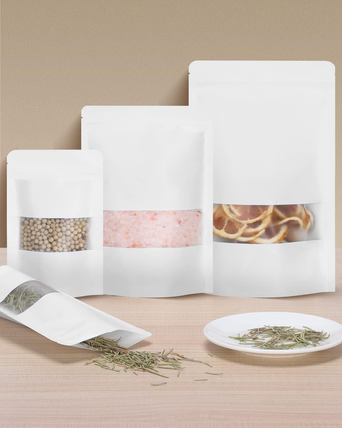 100pcs Kraft Bags with Window 3.5x5.5 Inches White Reusable Sealable Zip Lock Food Storage Stand up Paper Pouches for Home or Business