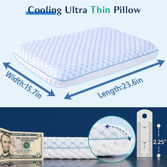 Thin Pillow for Sleeping, Cooling Gel Flat Pillow for Stomach and Back Sleepers, Ultra Slim Stomach Sleeping Pillows for Shoulder Neck Pain Relief, Low Profile Memory Foam Pillows 2.25-inches