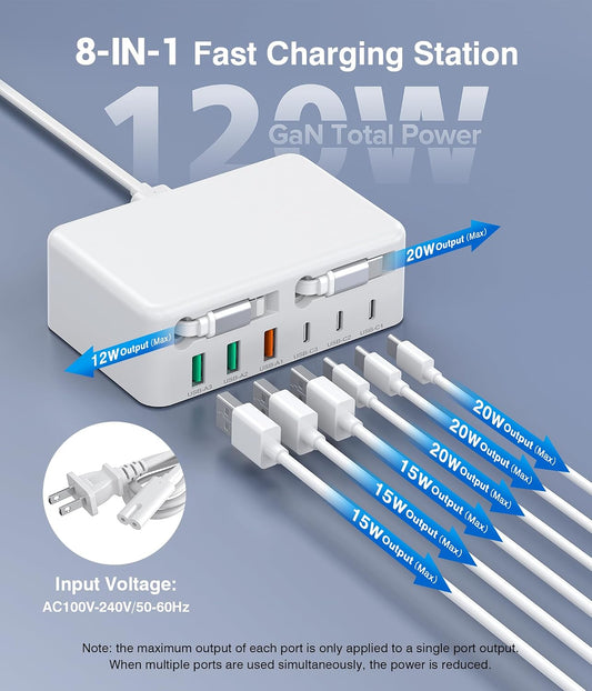 8-in-1 Retractable USB C Charger Charging Station Hub for Multiple Devices