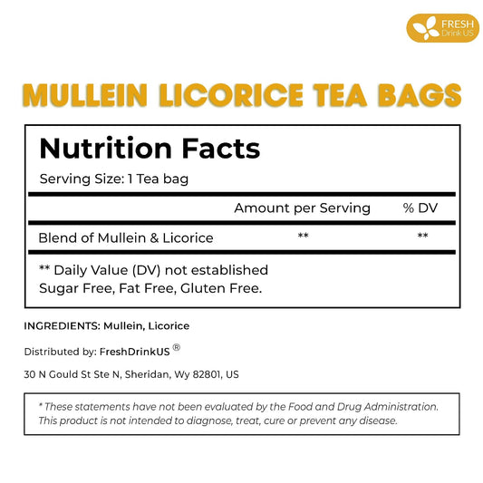 FreshDrinkUS, Premium Mullein Licorice 55 Tea Bags, 100% Natural, Blend of Mullein Leaves, and Licorice Root. No Sugar, Vegan.