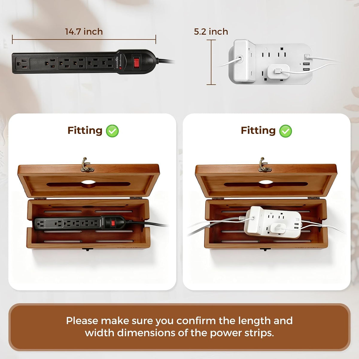 Large Cable Management Box with Clasp, Soild Wood Cord Box with 4 Open Slots, Cable Box to Hide Cords and Power Strip