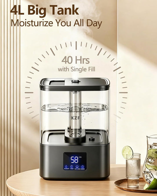 KZF 4L Top Fill Humidifiers for Bedroom & 40H Runtime - Cool Mist Humidifier, 3 Mist Levels, 8H Timer, Essential Oil Tray, Humidity Display, Quiet for Baby, Plants, Large Room (Black, 4, Liters)