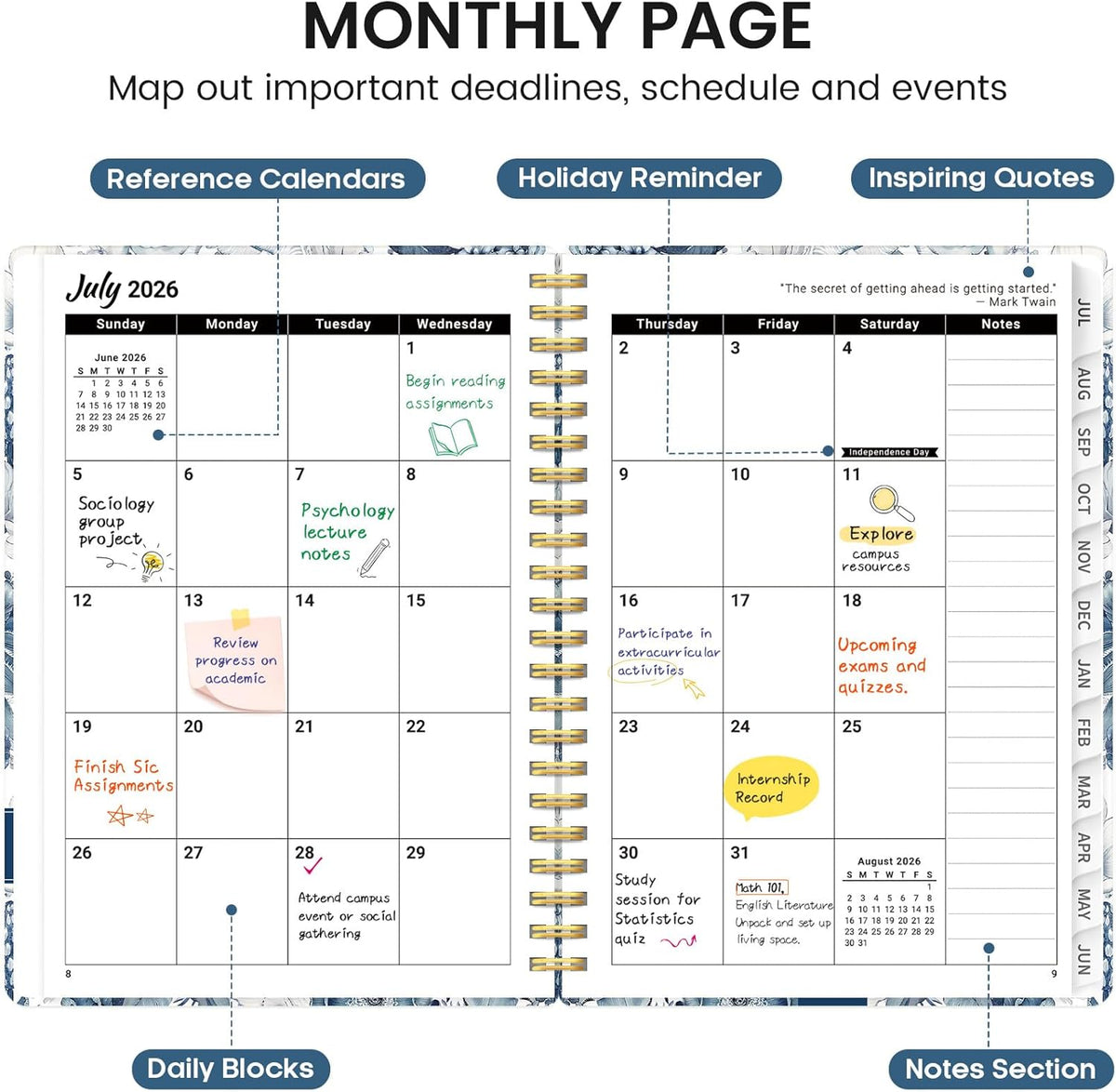 Planner 2026-2027, Jul 2026-Jun 2027 Academic Monthly & Weekly Planner - Colors A