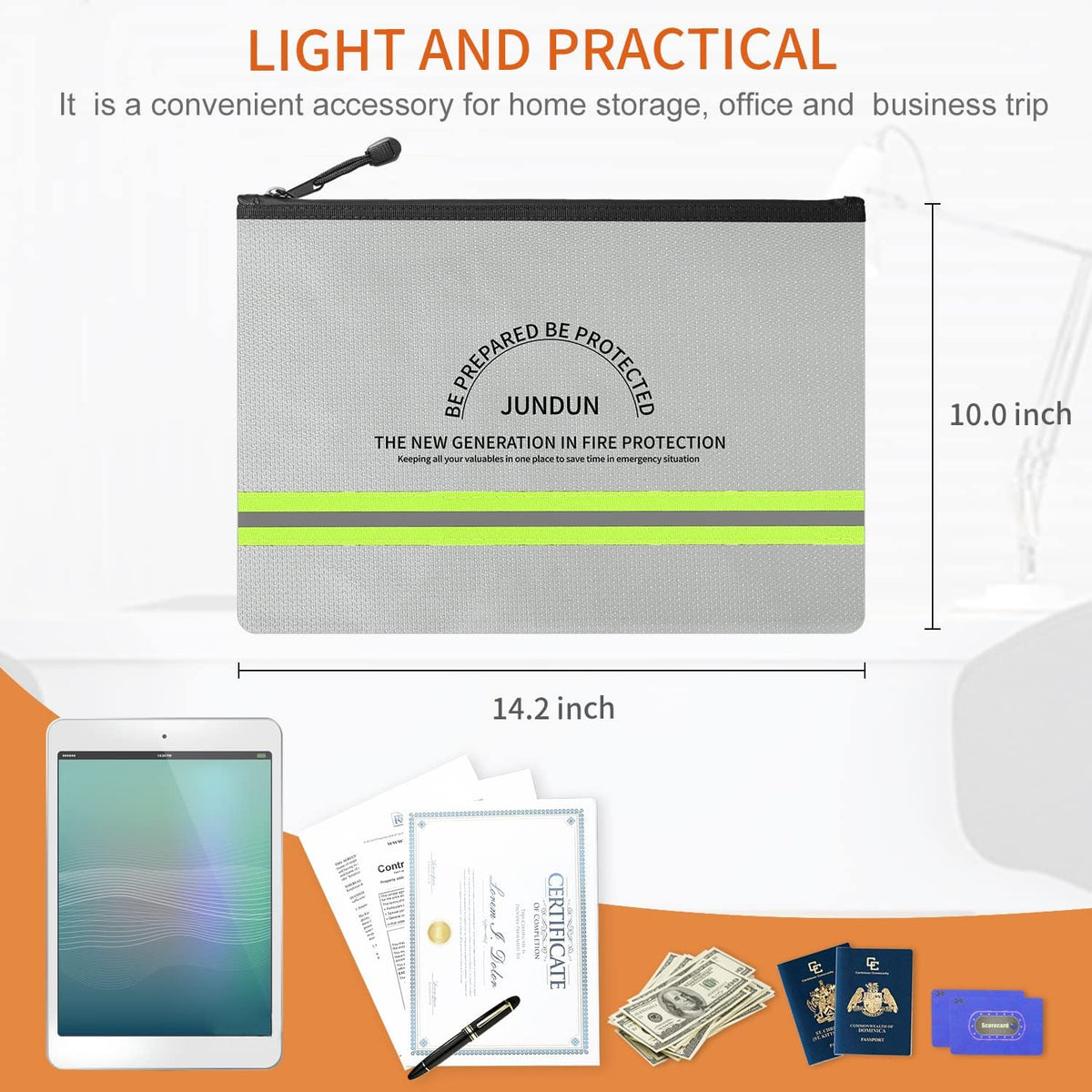 JUNDUN Fireproof Document Bags,14.2”x 10.0”Waterproof Fireproof