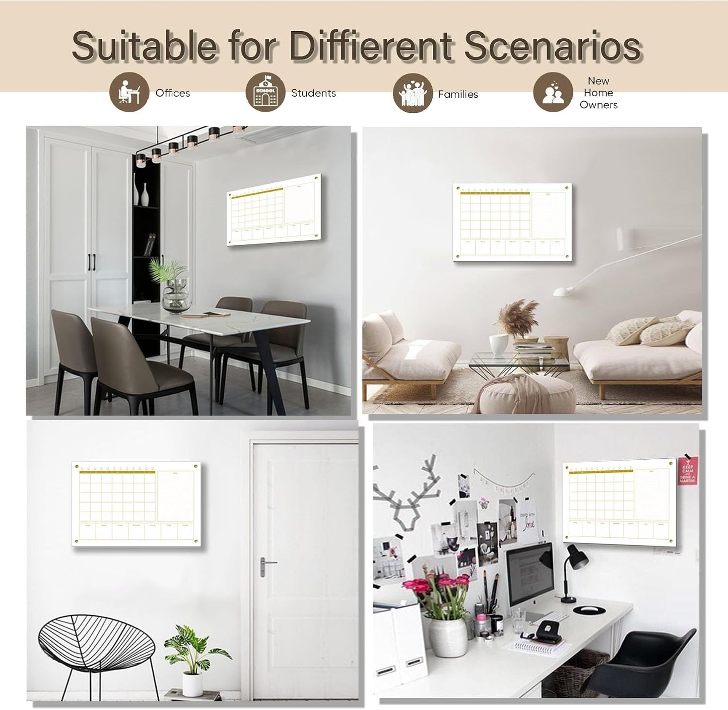 Black Glass 3-1 Monthly Dry Erase Calendar Whiteboard for Wall,24"x 36",Frameless Mounting,Office/School/Home, Frameless Large Planner White Board
