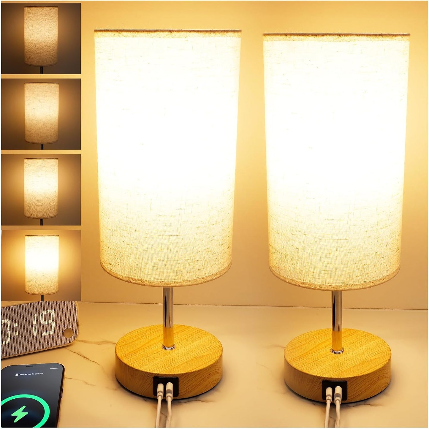 UNIFUN Touch Control Bedside Table Lamp with USB-C Charging Ports, 4-Way Dimmable Nightstand Lamp with Wood Base & Fabric Shade for Bedroom Living Room