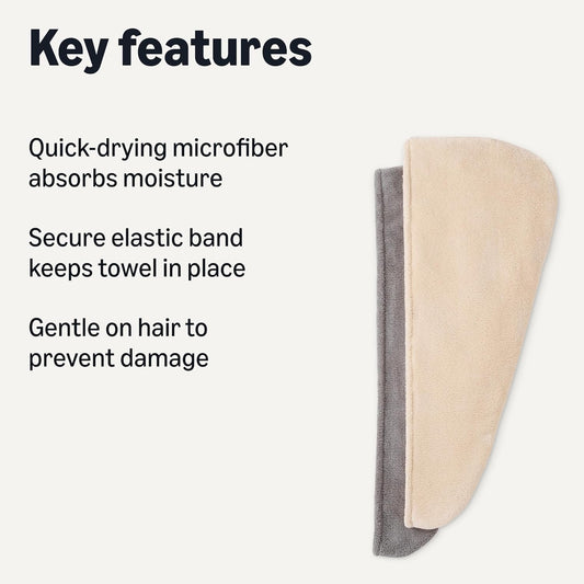 Amazon Basics Quick Dry Microfiber Hair Towel Wrap, Hair Drying Towel, Grey/Beige, 2-Pack