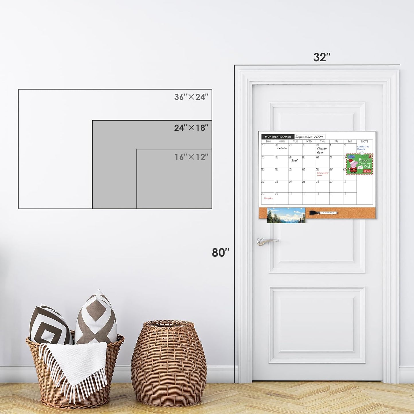 ARCOBIS Dry Erase Calendar with Cork Board for Wall, 24"x 18" Magnetic Calendar Whiteboard with Black Frame, Monthly Combination Board for School, Home, Office