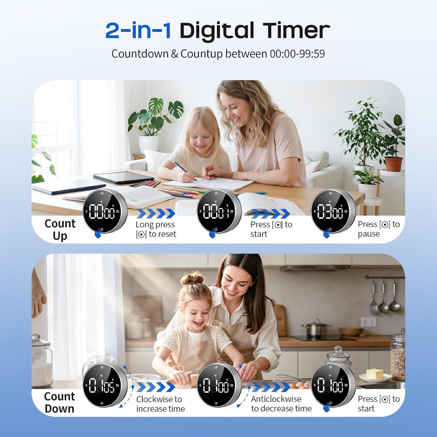 Seniny Digital Kitchen Timer with Magnetic - Visual Timer with Large LED Display, Pomodoro Classroom Timers with 3-Preset Times, Volume Adjustable, Countdown & Count Up Timers for Cooking