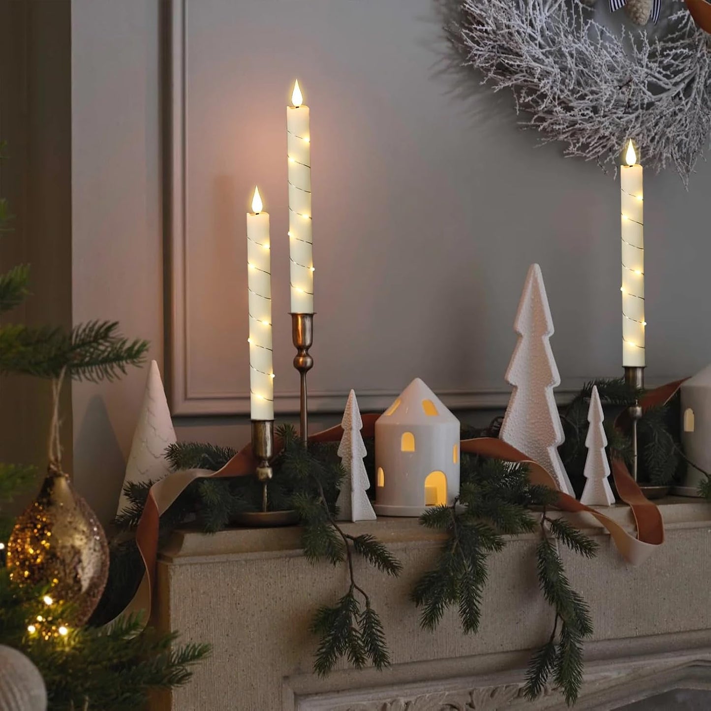GenSwin Flameless Ivory Taper Candles Flickering with 10-Key Remote, Battery Operated Led Warm 3D Wick Light Window Candles Real Wax Pack of 6, Christmas Home Wedding Decor(0.78 X 9.64 Inch)