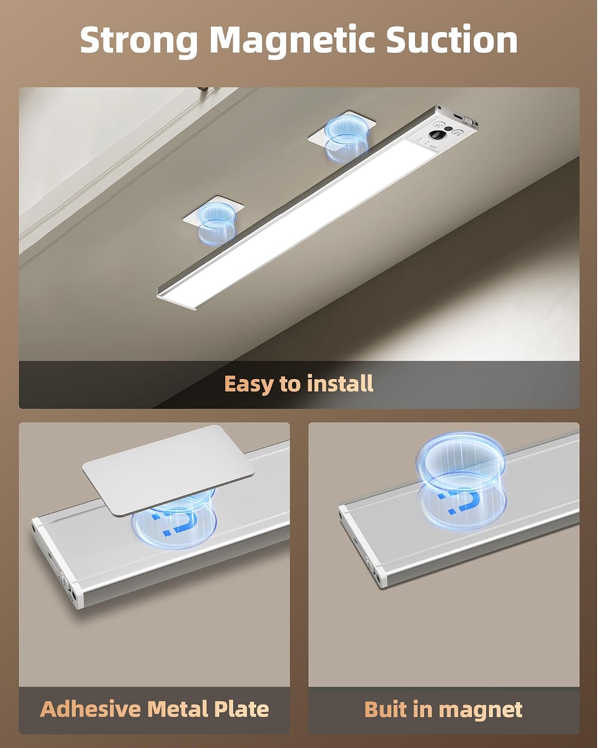 EZVALO 4-Pack Under Cabinet Lights, 2400mAh Rechargeable Motion Sensor Light Indoor, Wireless Closet Lights, with 3 Color Temps, Dimmable, Magnetic, Under Counter Lights for Kitchen, Stairs (8-inch)