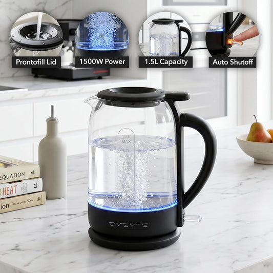 OVENTE Electric Kettle with 1.5L Borosilicate Glass, 1500W Fast Boiling Water Heater for Coffee or Tea, Easy to Fill Lid, Auto Shut-Off, Boil-Dry Protection & Stainless Steel Filter, White KG516W
