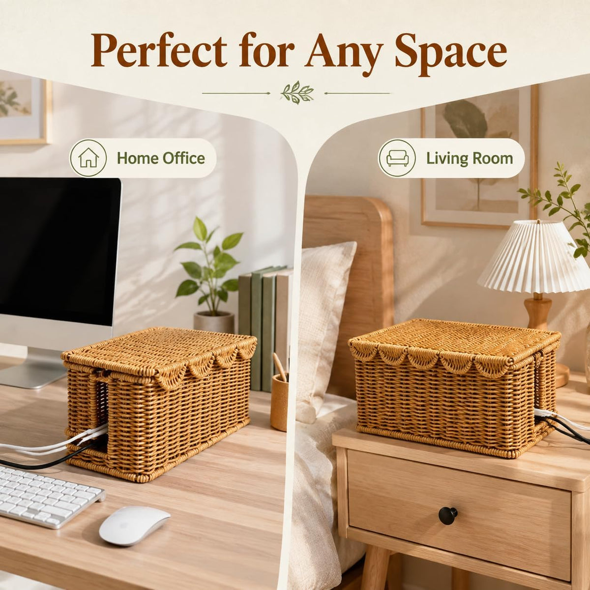Cable Management Box, Faux Rattan Cord Organizer Basket for Power Strips