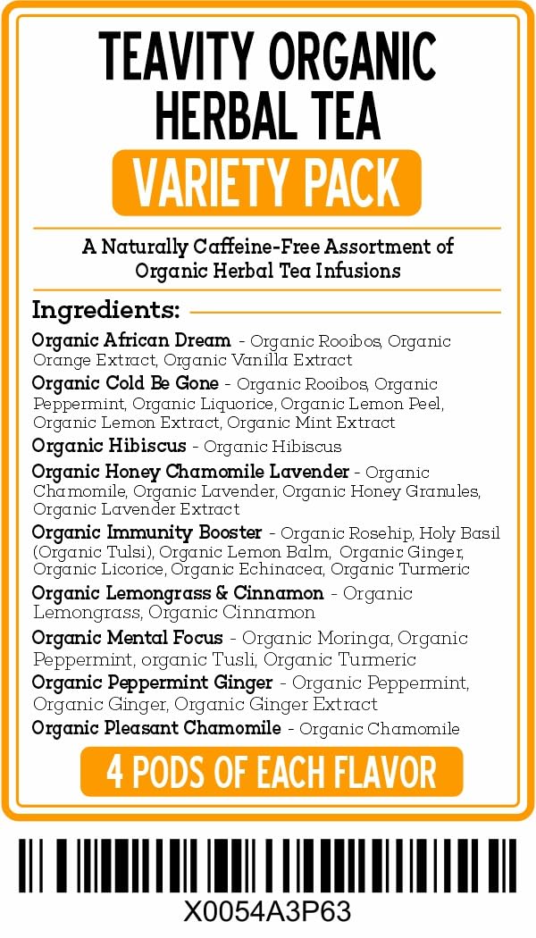 Teavity 9 Blend Organic Herbal Tea Pods Variety Pack,. 9 Assorted Flavors, Single Serve Decaf Tea Pods - 100% Gourmet Blended Leaves, Compatible with Keurig K Cups Brewer