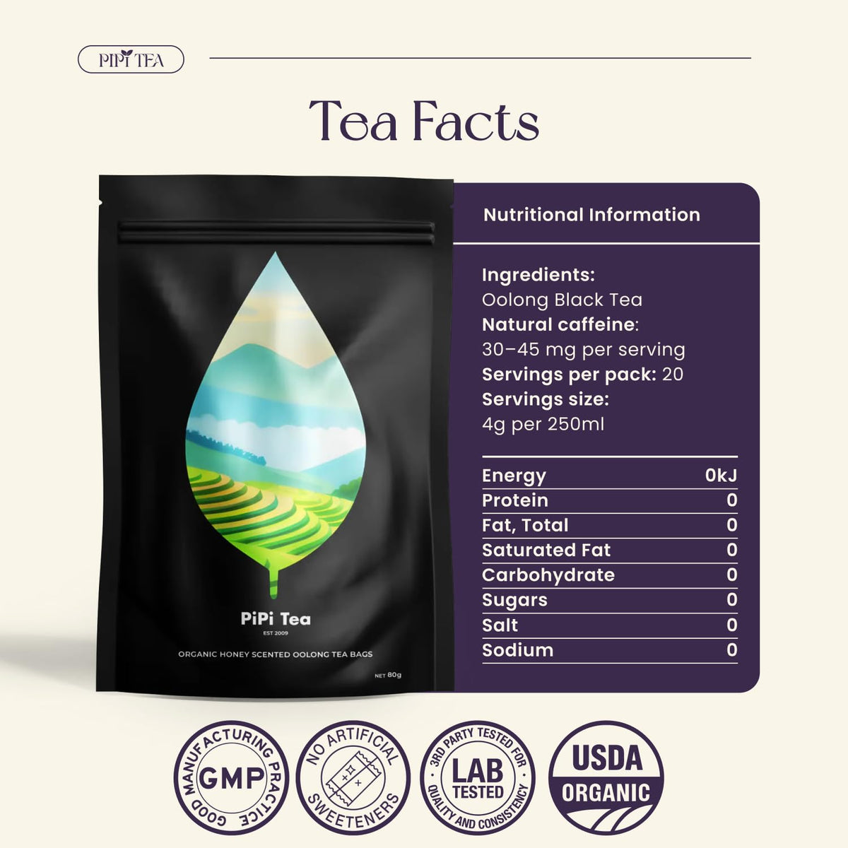 PiPi Tea Organic Oolong Tea Bags – Whole Leaf, 20 Bags (4g Each) – Cortisol & Calming Tea for Anxiety, Stress, Weight Loss – Bulk Loose Leaf Oolong Tea