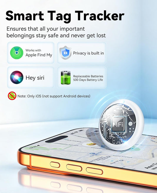 Smart Bluetooth Tracker for iPhone (iOS Only), MFi Certified Item Finder Works with Apple Find My App, Waterproof Key Finder Tag for Wallet, Keys, Bags and Luggage, Pets, Replaceable Battery