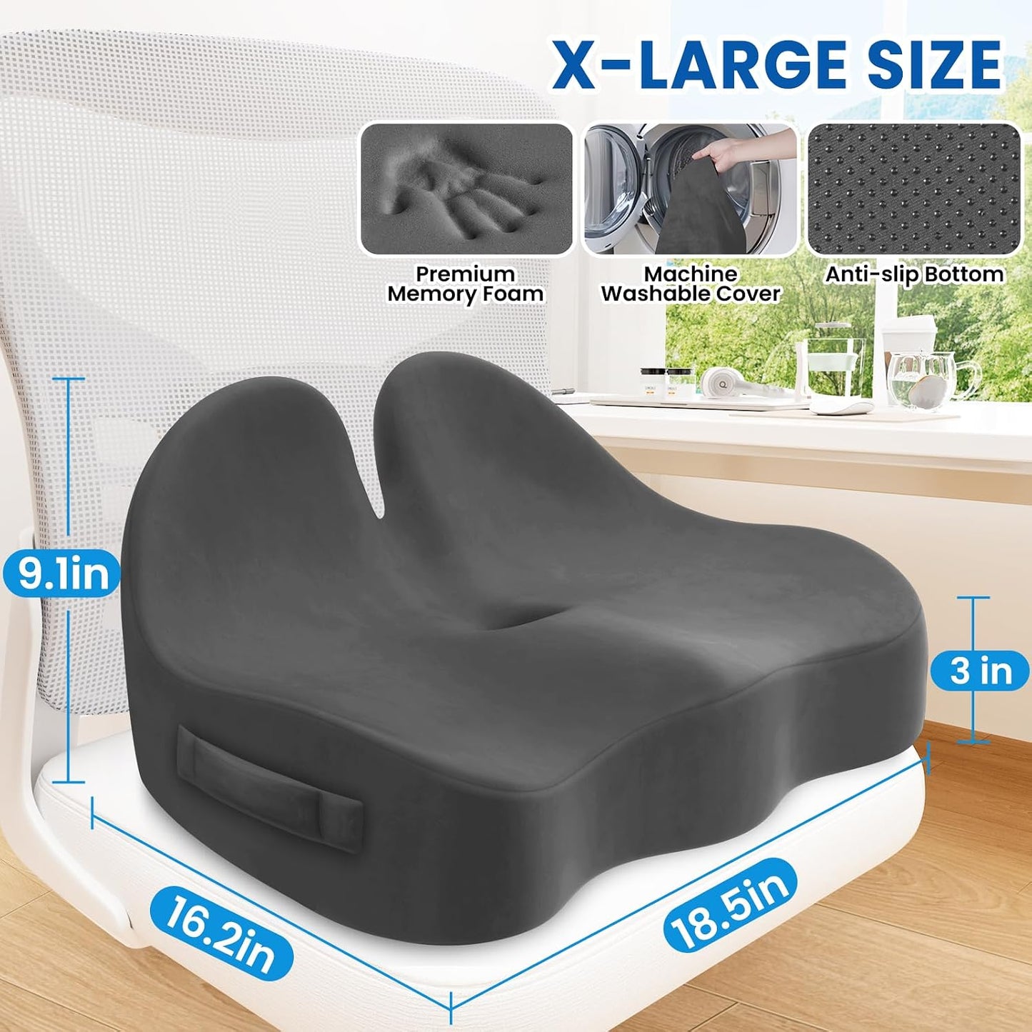Seat Cushion, Chair Cushions for Office Chairs/Desk Seats/Wheelchair - Hip&Sciatica&Tailbone Pain Relief Memory Foam Office Chair Cushion for Long Sitting Office Workers, Black