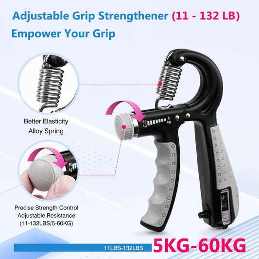 CYFIE Grip Strength Trainer Kit with Adjustable Resistance 10 - 132 Lbs, Forearm Exerciser, Finger Stretcher, Stress Ball, Forearm Strengthener for Workout wuth Storage Bag, Muscle Building and Recovery